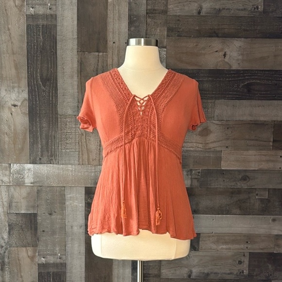 Torrid 00 brown peasant top boho chic flowy festival hippie crochet wanderlust - Picture 6 of 11